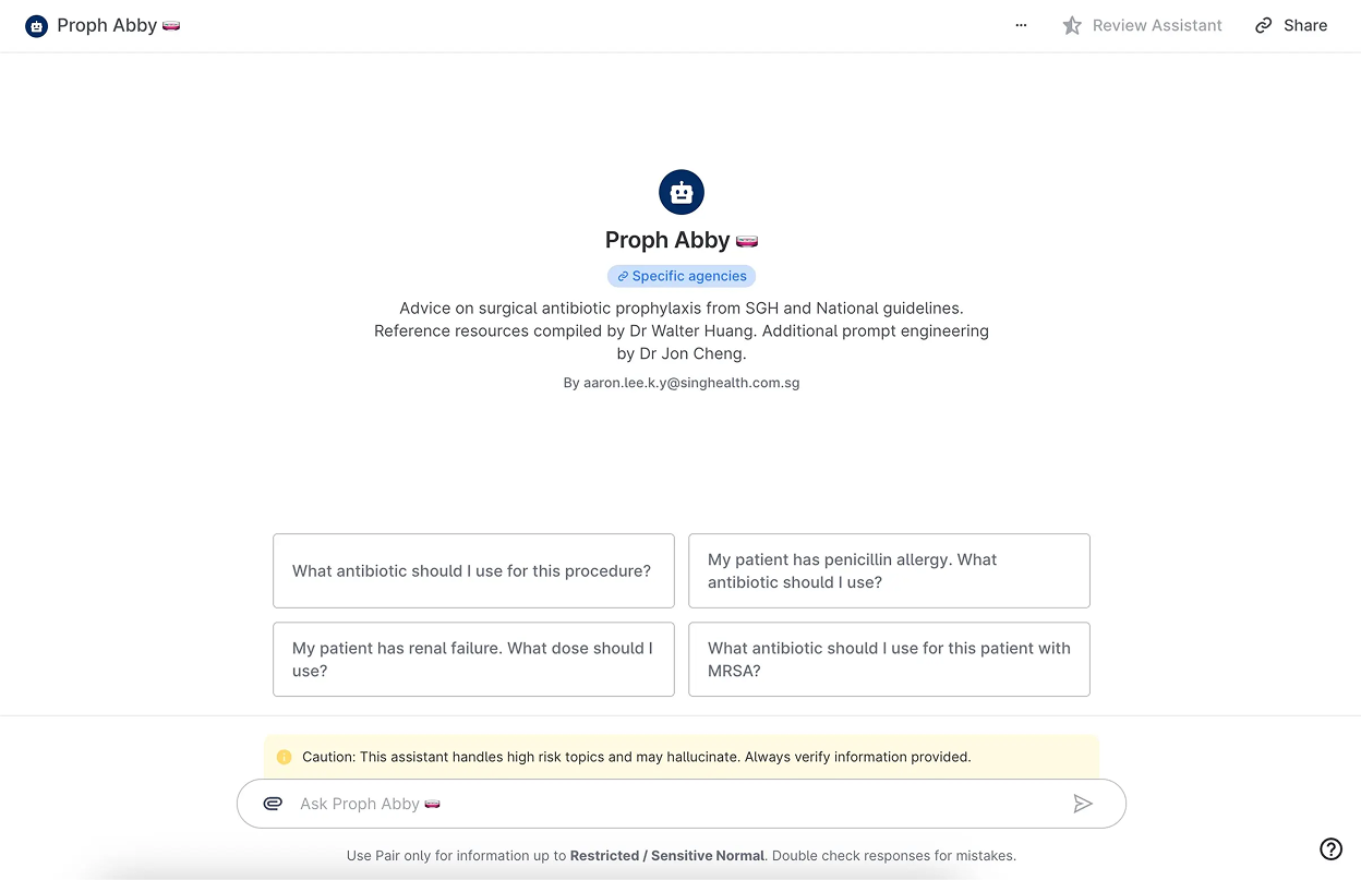 Proph Abby is an assistant that helps clinicians quickly and accurately access complex guidelines on surgical antibiotic prophylaxis.