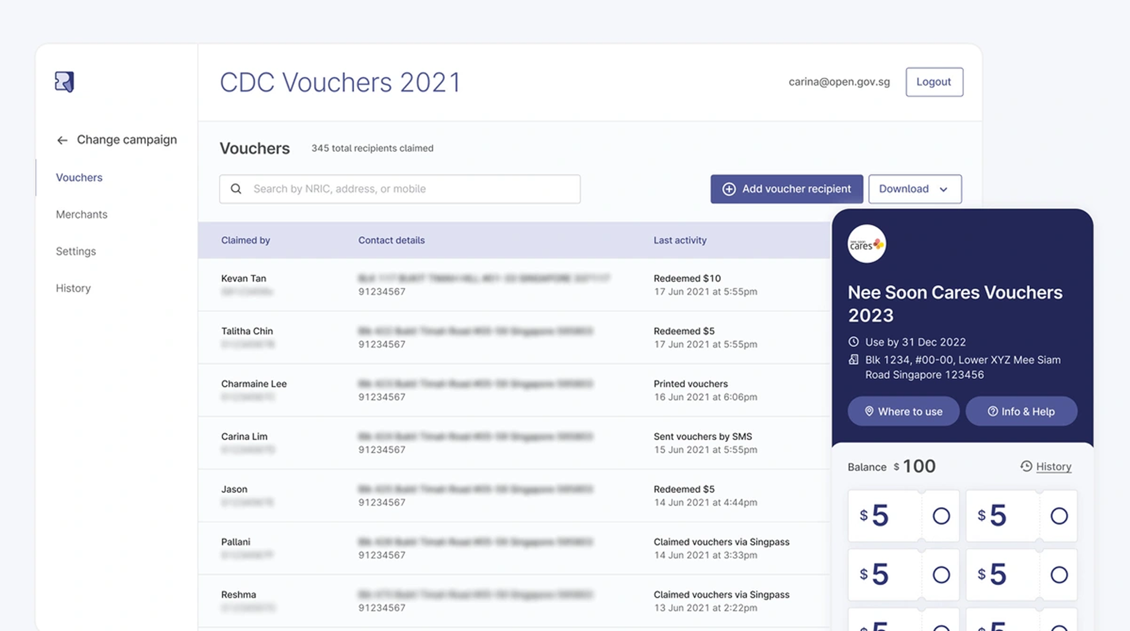 Screenshot of RedeemSG's interface